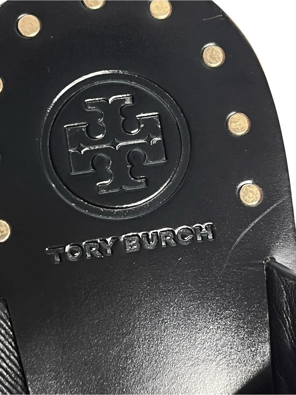 Tory Burch Ravello Black Leather Toe Ring Gold-Tone Studded Sandals Sz 8